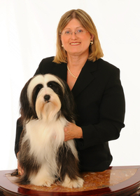 Lori Toth with black-and-white Tibetan Terrier named Parker